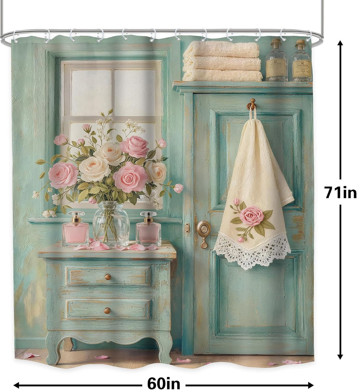 Rustic Floral Retro Turquoise Farmhouse Green Bathroom Shower Curtain Set