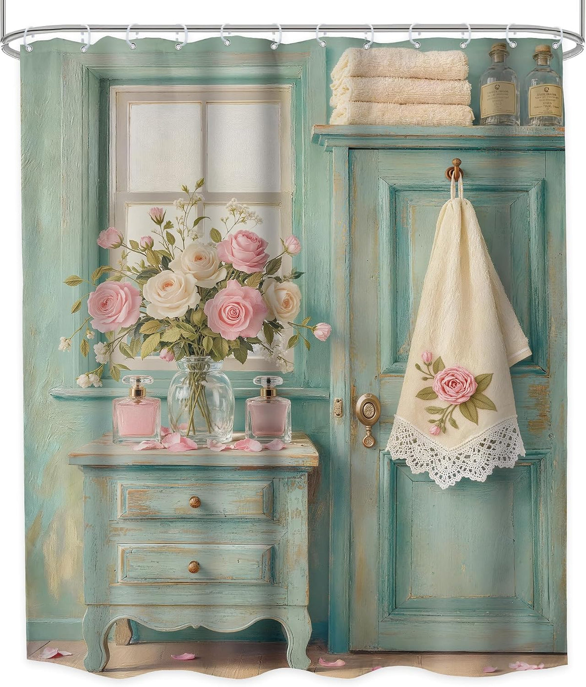 Rustic Floral Retro Turquoise Farmhouse Green Bathroom Shower Curtain Set