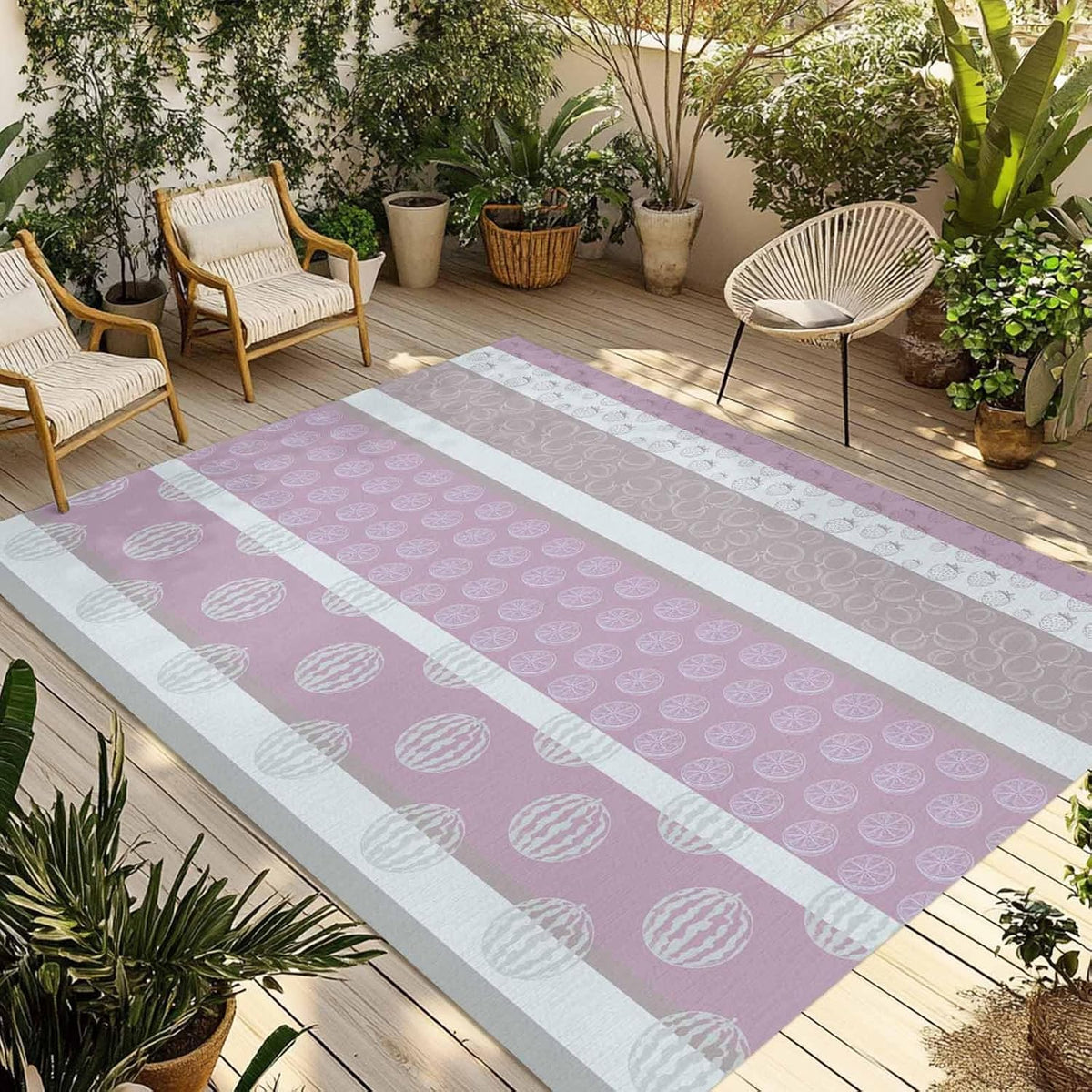 Outdoor Rug 4x6 Ft, Farm Fruits Area Rug Runners for Hallways Non Slip, Entryway Rugs, Watermelon Lemons Peach Pink Grey Striped Washable Indoor Outdoor Rugs for Patios/Porch/Deck