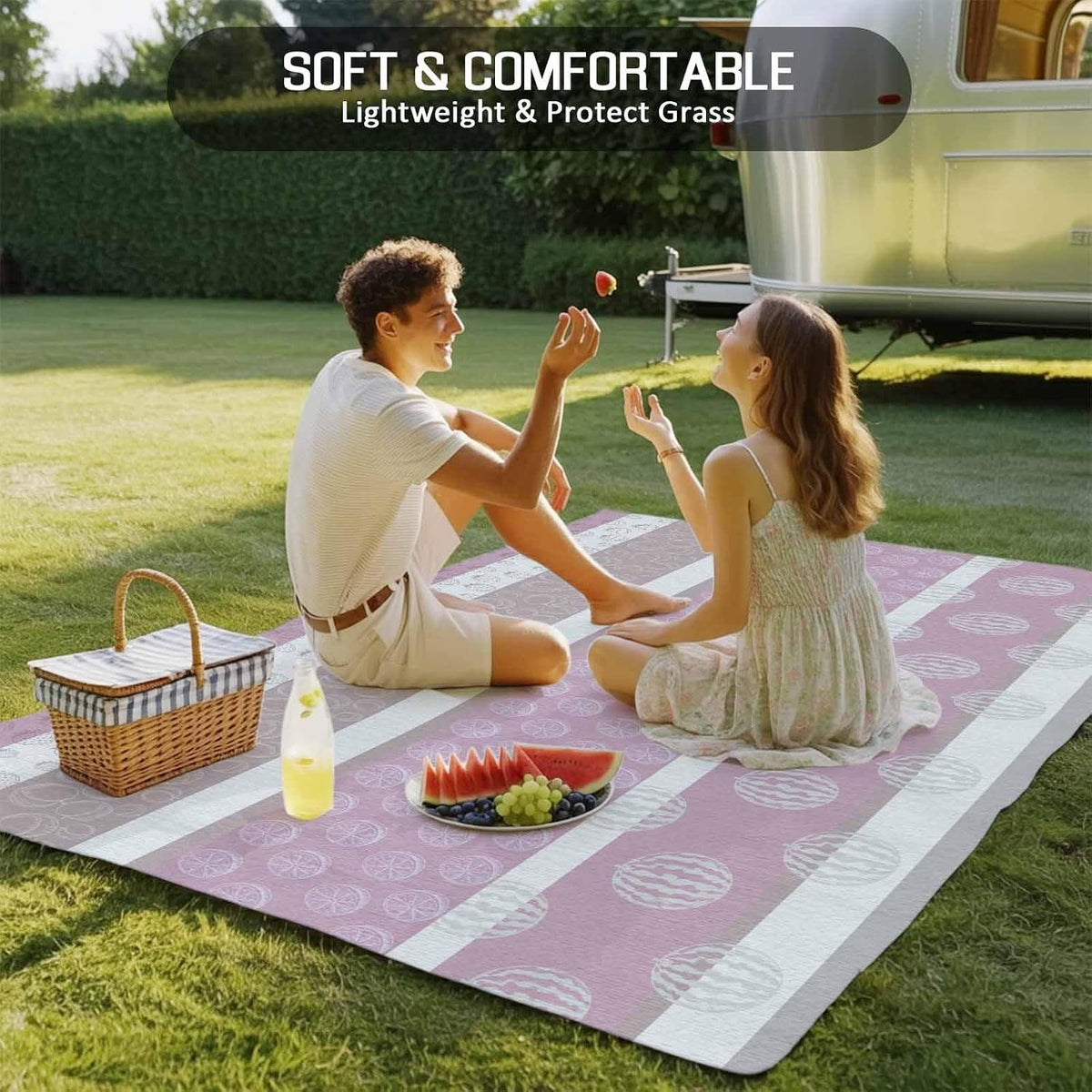 Outdoor Rug 4x6 Ft, Farm Fruits Area Rug Runners for Hallways Non Slip, Entryway Rugs, Watermelon Lemons Peach Pink Grey Striped Washable Indoor Outdoor Rugs for Patios/Porch/Deck