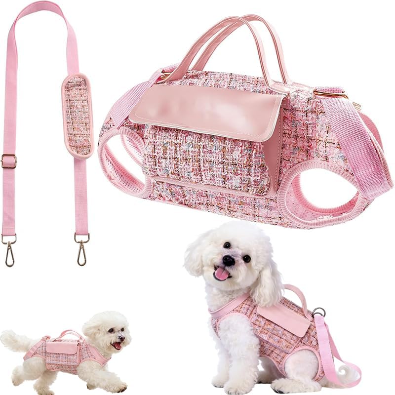 Dog Lift Harness Backpack for Small Dogs Cats, Adjustable Straps Dog Sling Carrier Full Body for Hiking, Travel, Outdoor – Pink Medium