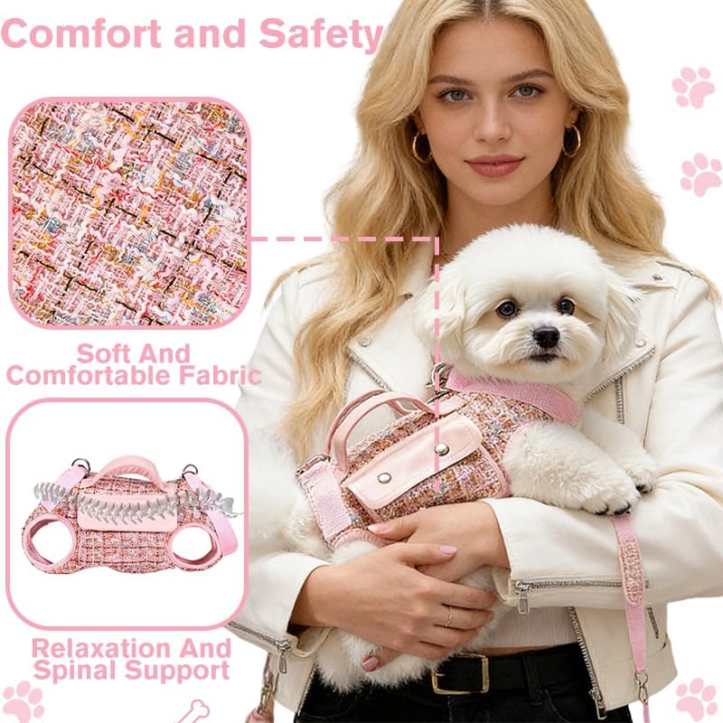 Dog Lift Harness Backpack for Small Dogs Cats, Adjustable Straps Dog Sling Carrier Full Body for Hiking, Travel, Outdoor – Pink Medium