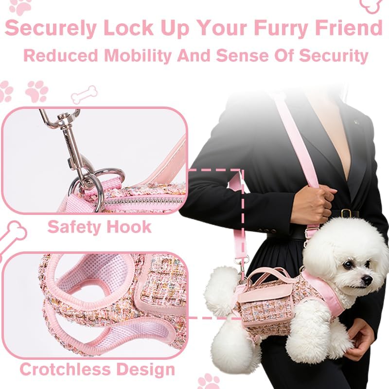 Dog Lift Harness Backpack for Small Dogs Cats, Adjustable Straps Dog Sling Carrier Full Body for Hiking, Travel, Outdoor – Pink Medium