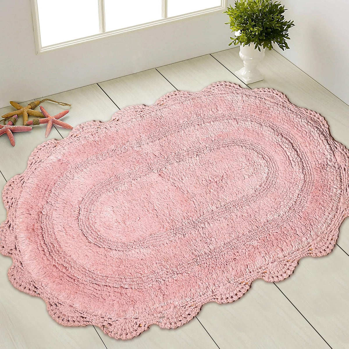 Pink Crochet Bathrug, 100% Cotton Oval, 21x34 Inch, Medium Rug