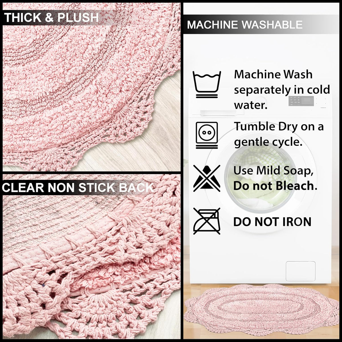 Pink Crochet Bathrug, 100% Cotton Oval, 21x34 Inch, Medium Rug