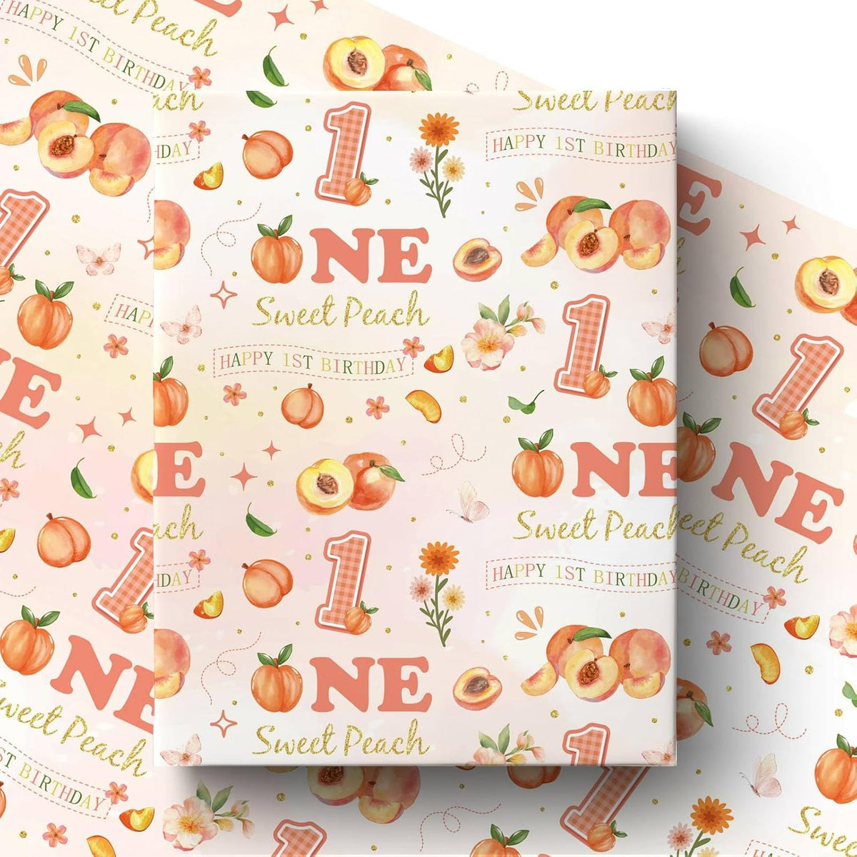 Peach 1st Birthday Wrapping Paper Roll for Girls, Peach Sweet Age One Gift Wrap Paper, Pink Fruit 1 Year Old Gift Art Packing Paper for Baby Shower First Birthday Party, 17Inch x 16.5Feet