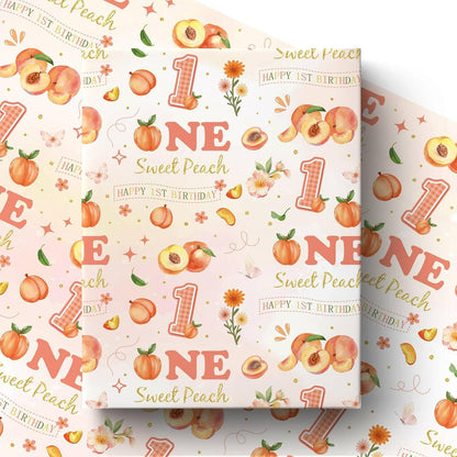 Peach 1st Birthday Wrapping Paper Roll for Girls, Peach Sweet Age One Gift Wrap Paper, Pink Fruit 1 Year Old Gift Art Packing Paper for Baby Shower First Birthday Party, 17Inch x 16.5Feet