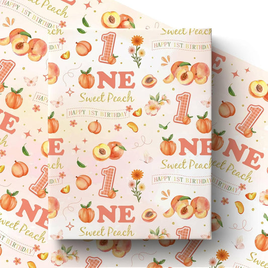 Peach 1st Birthday Wrapping Paper Roll for Girls, Peach Sweet Age One Gift Wrap Paper, Pink Fruit 1 Year Old Gift Art Packing Paper for Baby Shower First Birthday Party, 17Inch x 16.5Feet