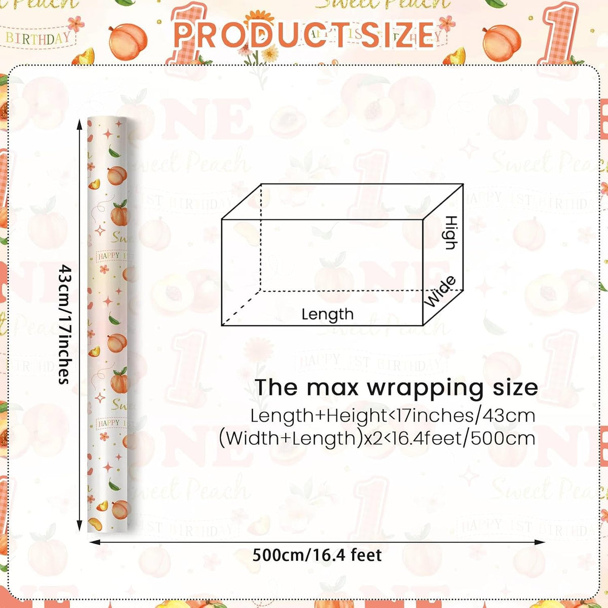 Peach 1st Birthday Wrapping Paper Roll for Girls, Peach Sweet Age One Gift Wrap Paper, Pink Fruit 1 Year Old Gift Art Packing Paper for Baby Shower First Birthday Party, 17Inch x 16.5Feet