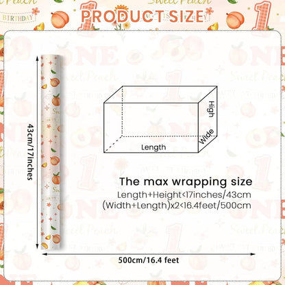 Peach 1st Birthday Wrapping Paper Roll for Girls, Peach Sweet Age One Gift Wrap Paper, Pink Fruit 1 Year Old Gift Art Packing Paper for Baby Shower First Birthday Party, 17Inch x 16.5Feet