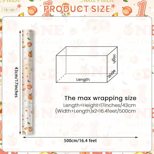 Peach 1st Birthday Wrapping Paper Roll for Girls, Peach Sweet Age One Gift Wrap Paper, Pink Fruit 1 Year Old Gift Art Packing Paper for Baby Shower First Birthday Party, 17Inch x 16.5Feet
