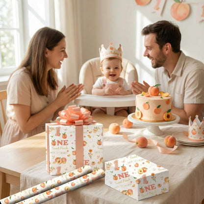 Peach 1st Birthday Wrapping Paper Roll for Girls, Peach Sweet Age One Gift Wrap Paper, Pink Fruit 1 Year Old Gift Art Packing Paper for Baby Shower First Birthday Party, 17Inch x 16.5Feet