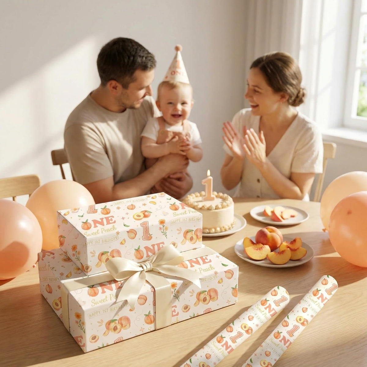 Peach 1st Birthday Wrapping Paper Roll for Girls, Peach Sweet Age One Gift Wrap Paper, Pink Fruit 1 Year Old Gift Art Packing Paper for Baby Shower First Birthday Party, 17Inch x 16.5Feet