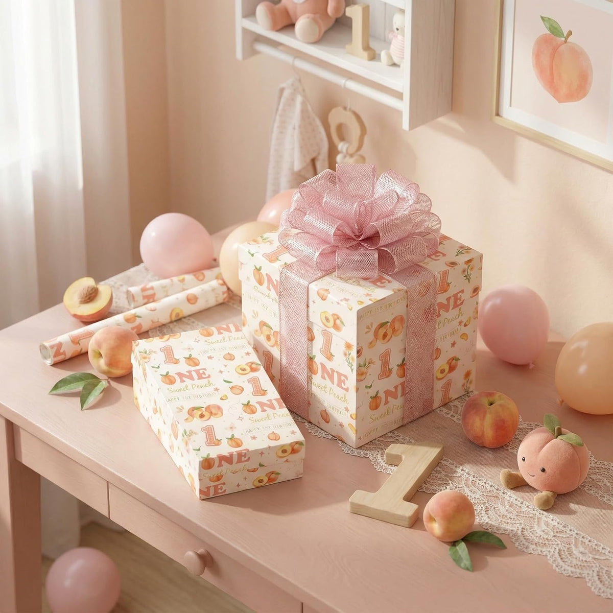 Peach 1st Birthday Wrapping Paper Roll for Girls, Peach Sweet Age One Gift Wrap Paper, Pink Fruit 1 Year Old Gift Art Packing Paper for Baby Shower First Birthday Party, 17Inch x 16.5Feet