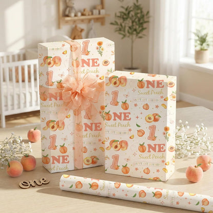 Peach 1st Birthday Wrapping Paper Roll for Girls, Peach Sweet Age One Gift Wrap Paper, Pink Fruit 1 Year Old Gift Art Packing Paper for Baby Shower First Birthday Party, 17Inch x 16.5Feet
