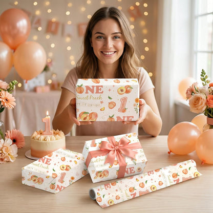 Peach 1st Birthday Wrapping Paper Roll for Girls, Peach Sweet Age One Gift Wrap Paper, Pink Fruit 1 Year Old Gift Art Packing Paper for Baby Shower First Birthday Party, 17Inch x 16.5Feet