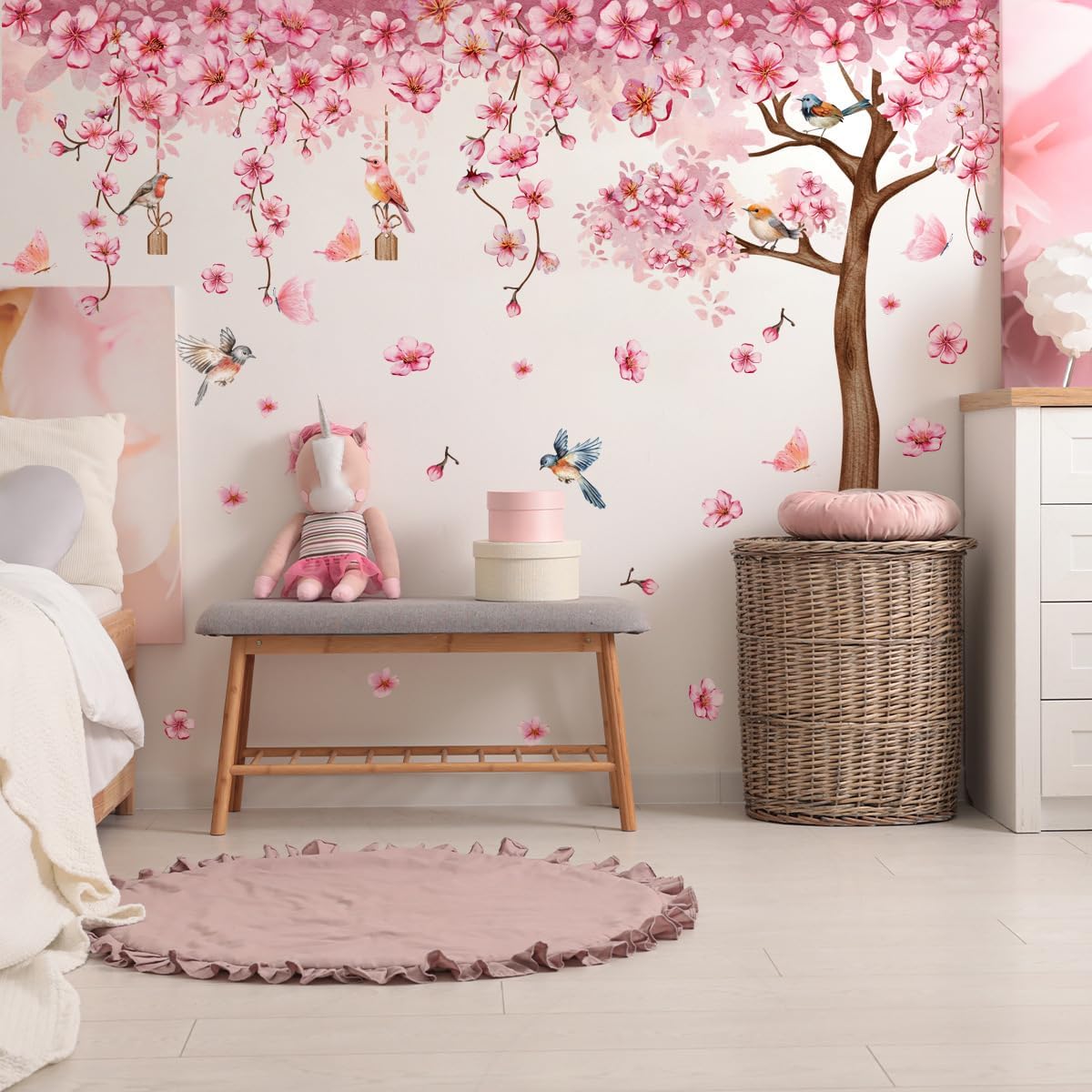 Pink Cherry Blossom Tree Wall Decals, Pink Floral Birds Butterflies Wall Stickers for Girls Bedroom Playroom Nursary, 59x35 inch