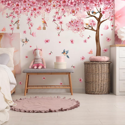 Pink Cherry Blossom Tree Wall Decals, Pink Floral Birds Butterflies Wall Stickers for Girls Bedroom Playroom Nursary, 59x35 inch