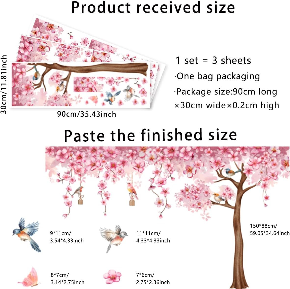 Pink Cherry Blossom Tree Wall Decals, Pink Floral Birds Butterflies Wall Stickers for Girls Bedroom Playroom Nursary, 59x35 inch