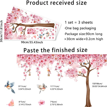 Pink Cherry Blossom Tree Wall Decals, Pink Floral Birds Butterflies Wall Stickers for Girls Bedroom Playroom Nursary, 59x35 inch