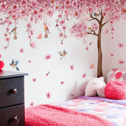 Pink Cherry Blossom Tree Wall Decals, Pink Floral Birds Butterflies Wall Stickers for Girls Bedroom Playroom Nursary, 59x35 inch