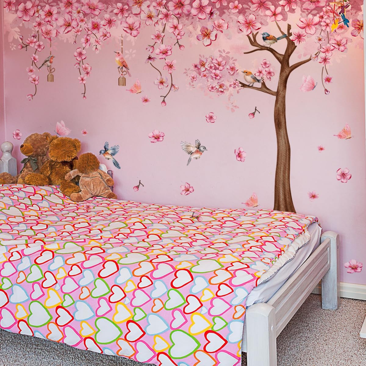Pink Cherry Blossom Tree Wall Decals, Pink Floral Birds Butterflies Wall Stickers for Girls Bedroom Playroom Nursary, 59x35 inch