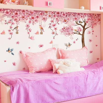 Pink Cherry Blossom Tree Wall Decals, Pink Floral Birds Butterflies Wall Stickers for Girls Bedroom Playroom Nursary, 59x35 inch