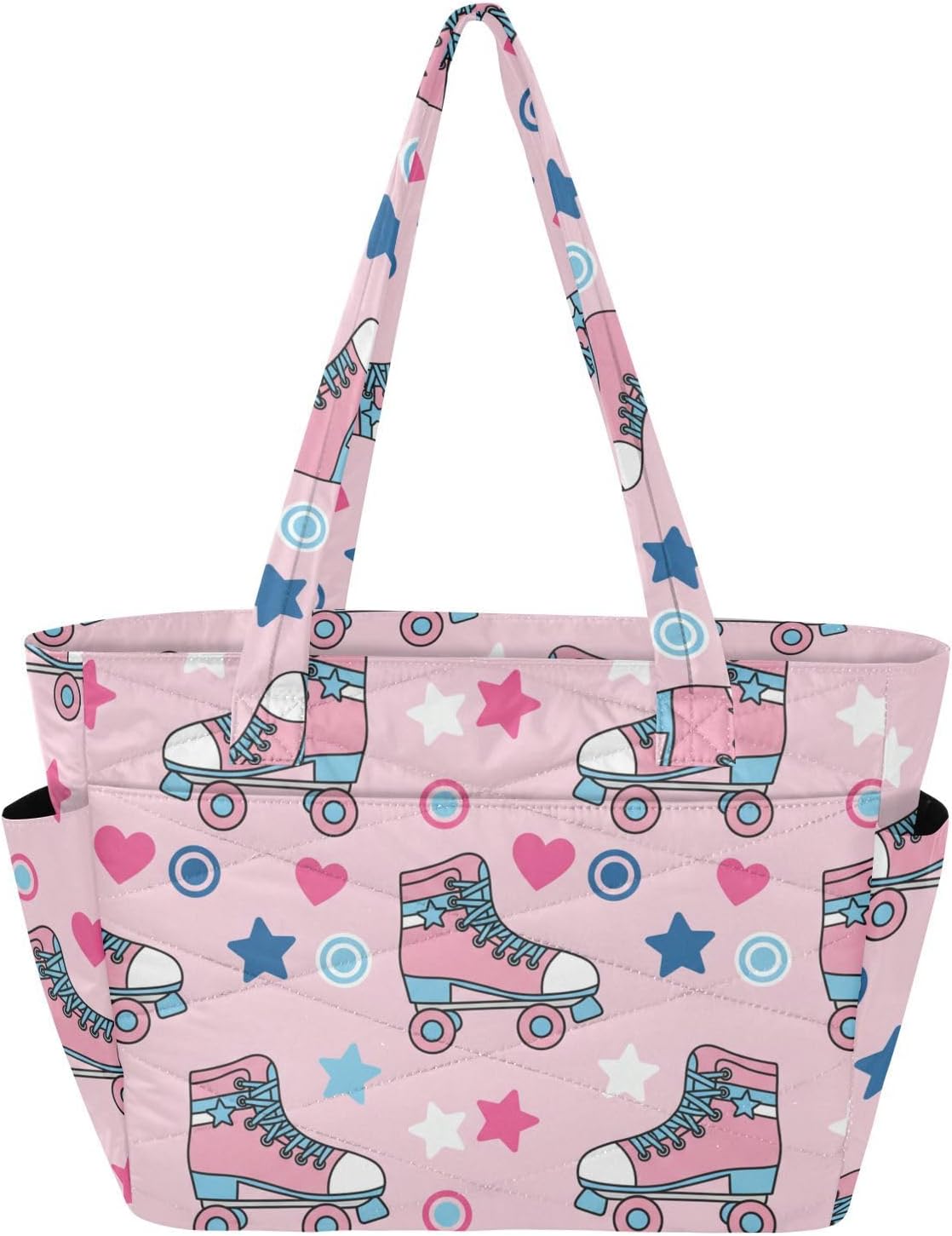 Skates Stars Pink Print Lightweight Quilted Tote Bag for Women Foldable Shoulder Handbag with Compartments Crossbody Purse for Gym Travel Work Beach
