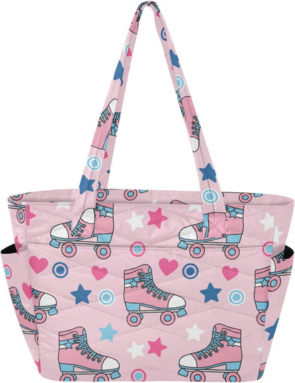 Skates Stars Pink Print Lightweight Quilted Tote Bag for Women Foldable Shoulder Handbag with Compartments Crossbody Purse for Gym Travel Work Beach