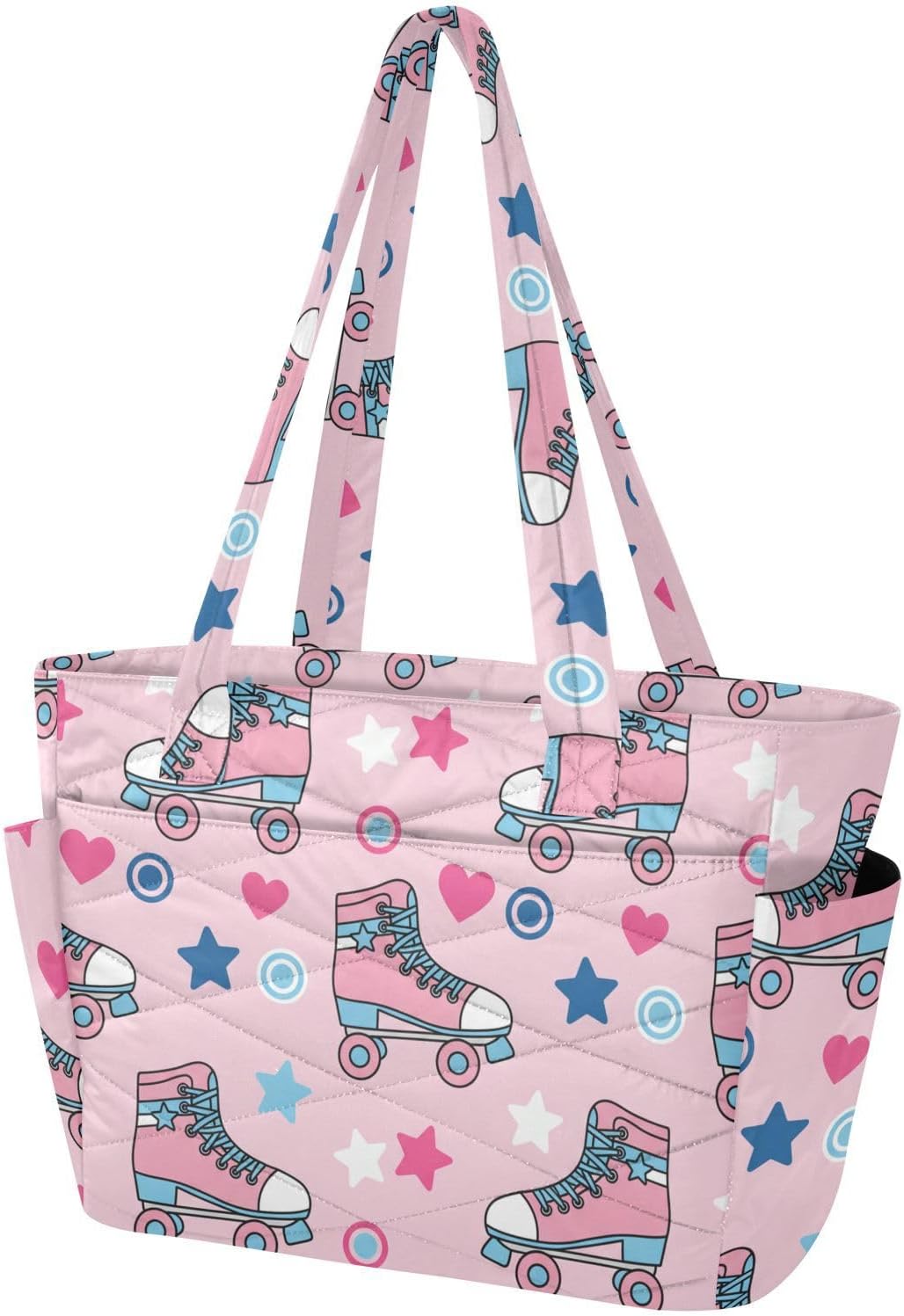Skates Stars Pink Print Lightweight Quilted Tote Bag for Women Foldable Shoulder Handbag with Compartments Crossbody Purse for Gym Travel Work Beach