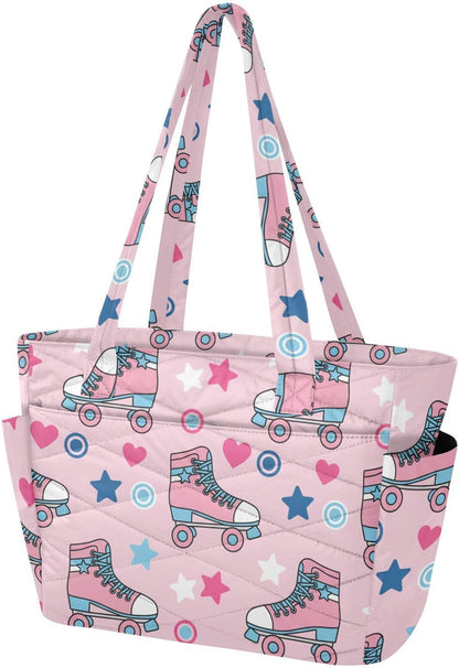 Skates Stars Pink Print Lightweight Quilted Tote Bag for Women Foldable Shoulder Handbag with Compartments Crossbody Purse for Gym Travel Work Beach