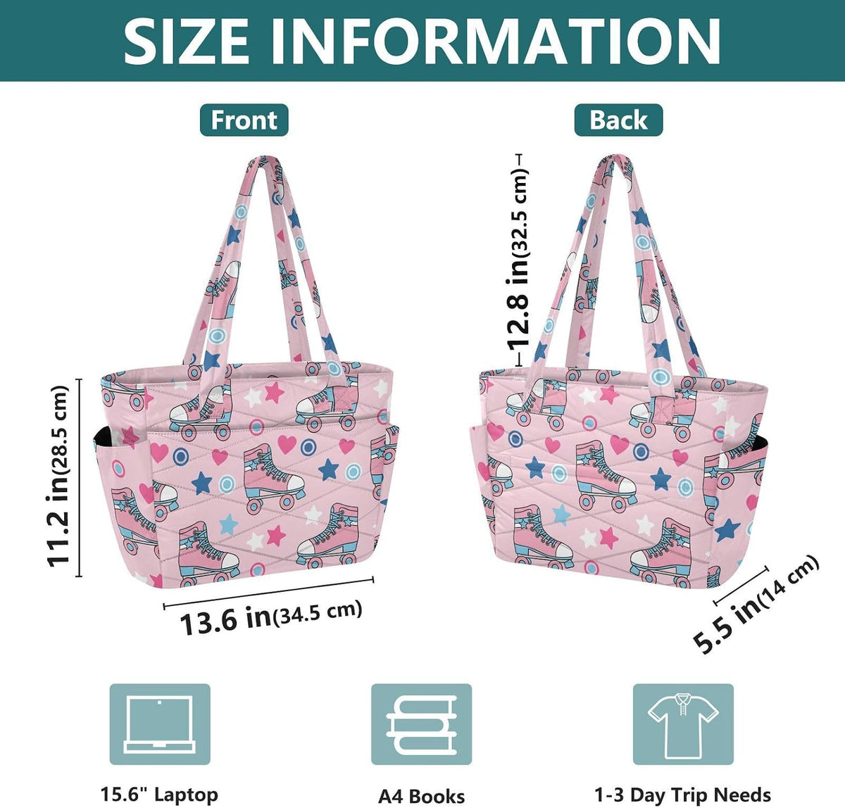 Skates Stars Pink Print Lightweight Quilted Tote Bag for Women Foldable Shoulder Handbag with Compartments Crossbody Purse for Gym Travel Work Beach