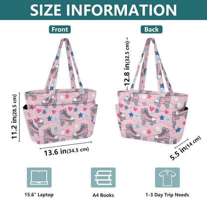 Skates Stars Pink Print Lightweight Quilted Tote Bag for Women Foldable Shoulder Handbag with Compartments Crossbody Purse for Gym Travel Work Beach