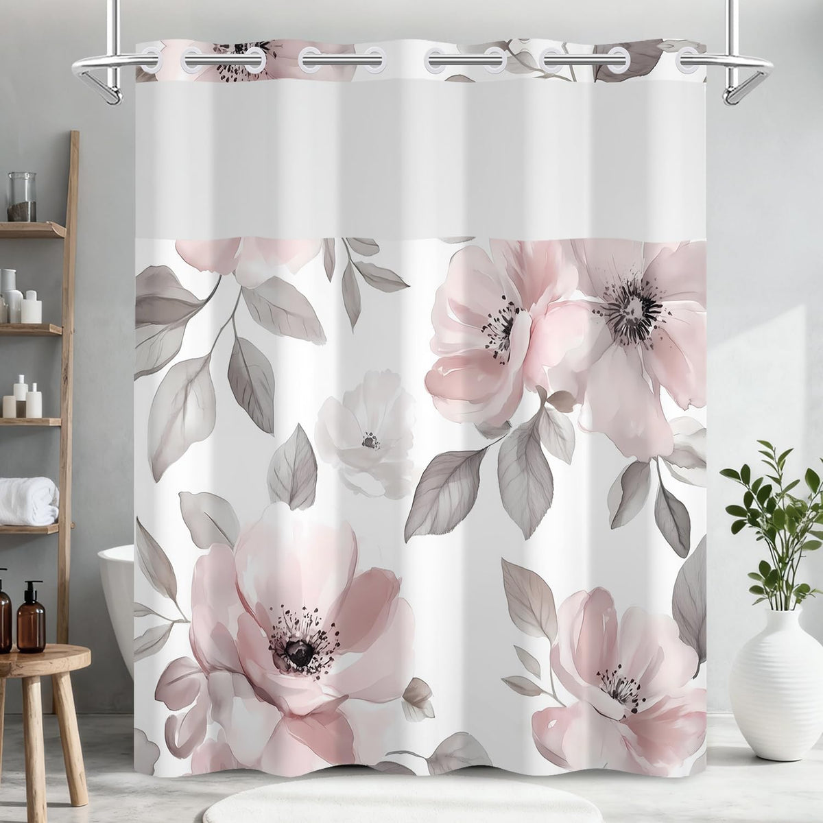 Blooming Pink Floral Shower Curtain and Liner Set, Double Layers Waterproof Fabric No Hook Shower Curtain with Mesh Top Window, Watercolor Flower Leaves Aesthetic Bathroom Curtains, 71x74 Inch
