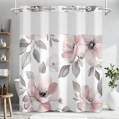 Blooming Pink Floral Shower Curtain and Liner Set, Double Layers Waterproof Fabric No Hook Shower Curtain with Mesh Top Window, Watercolor Flower Leaves Aesthetic Bathroom Curtains, 71x74 Inch
