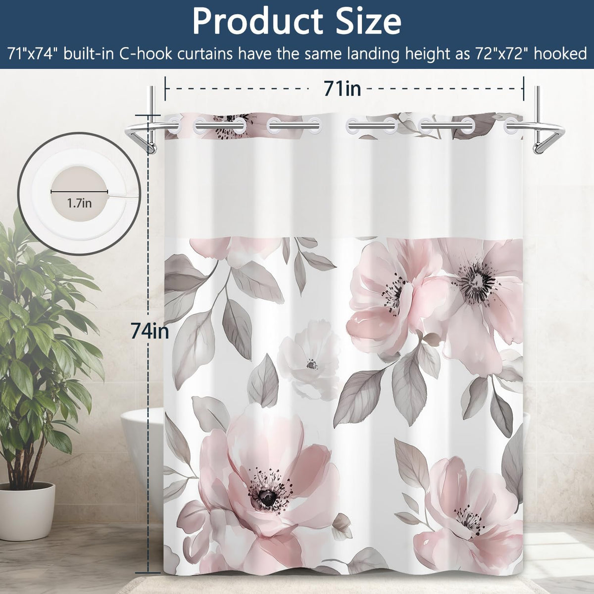 Blooming Pink Floral Shower Curtain and Liner Set, Double Layers Waterproof Fabric No Hook Shower Curtain with Mesh Top Window, Watercolor Flower Leaves Aesthetic Bathroom Curtains, 71x74 Inch