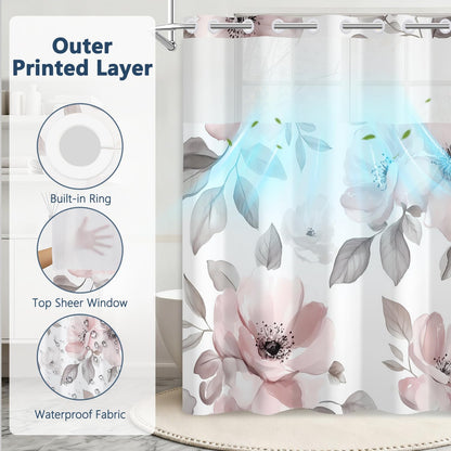 Blooming Pink Floral Shower Curtain and Liner Set, Double Layers Waterproof Fabric No Hook Shower Curtain with Mesh Top Window, Watercolor Flower Leaves Aesthetic Bathroom Curtains, 71x74 Inch