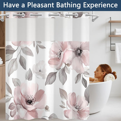 Blooming Pink Floral Shower Curtain and Liner Set, Double Layers Waterproof Fabric No Hook Shower Curtain with Mesh Top Window, Watercolor Flower Leaves Aesthetic Bathroom Curtains, 71x74 Inch
