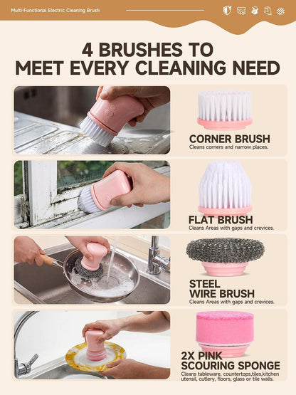 Pink Electric Spin Scrubber, Cordless Handheld Dish Scrubber Brush for Kitchen & Bathroom, Power Scrubber for Cleaning Sink, Grout, Shower, Aesthetic Pink Kitchen Accessories & Supplies