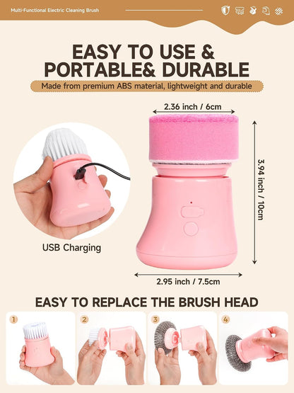 Pink Electric Spin Scrubber, Cordless Handheld Dish Scrubber Brush for Kitchen & Bathroom, Power Scrubber for Cleaning Sink, Grout, Shower, Aesthetic Pink Kitchen Accessories & Supplies