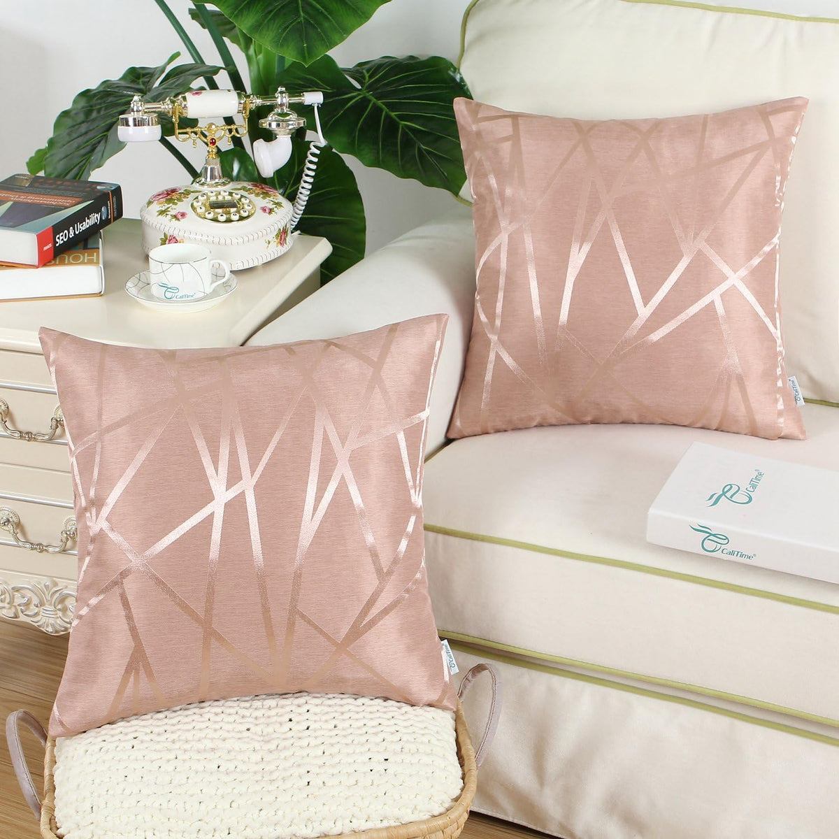 Pack of 2 Throw Pillow Covers Cases for Couch Sofa Home Decor Modern Shining & Dull Contrast Triangles Abstract Lines Geometric 18 X 18 Inches Dusty Pink