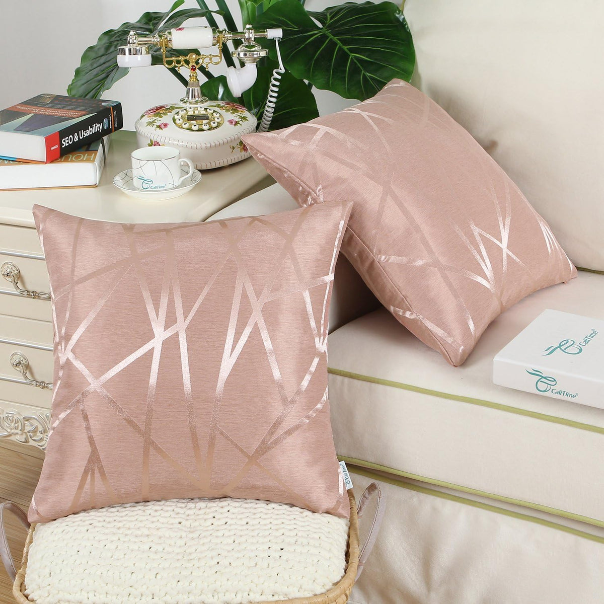 Pack of 2 Throw Pillow Covers Cases for Couch Sofa Home Decor Modern Shining & Dull Contrast Triangles Abstract Lines Geometric 18 X 18 Inches Dusty Pink