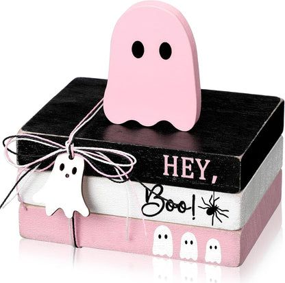 4 Pcs Halloween Ghost Table Decorations Spooky Wooden Signs,Pink