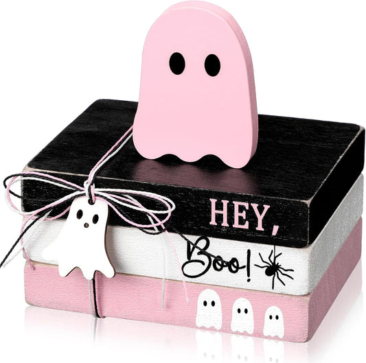 4 Pcs Halloween Ghost Table Decorations Spooky Wooden Signs,Pink