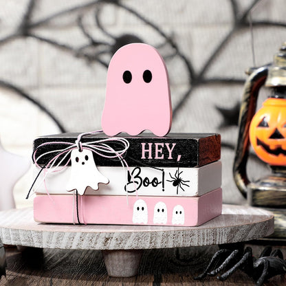 4 Pcs Halloween Ghost Table Decorations Spooky Wooden Signs,Pink