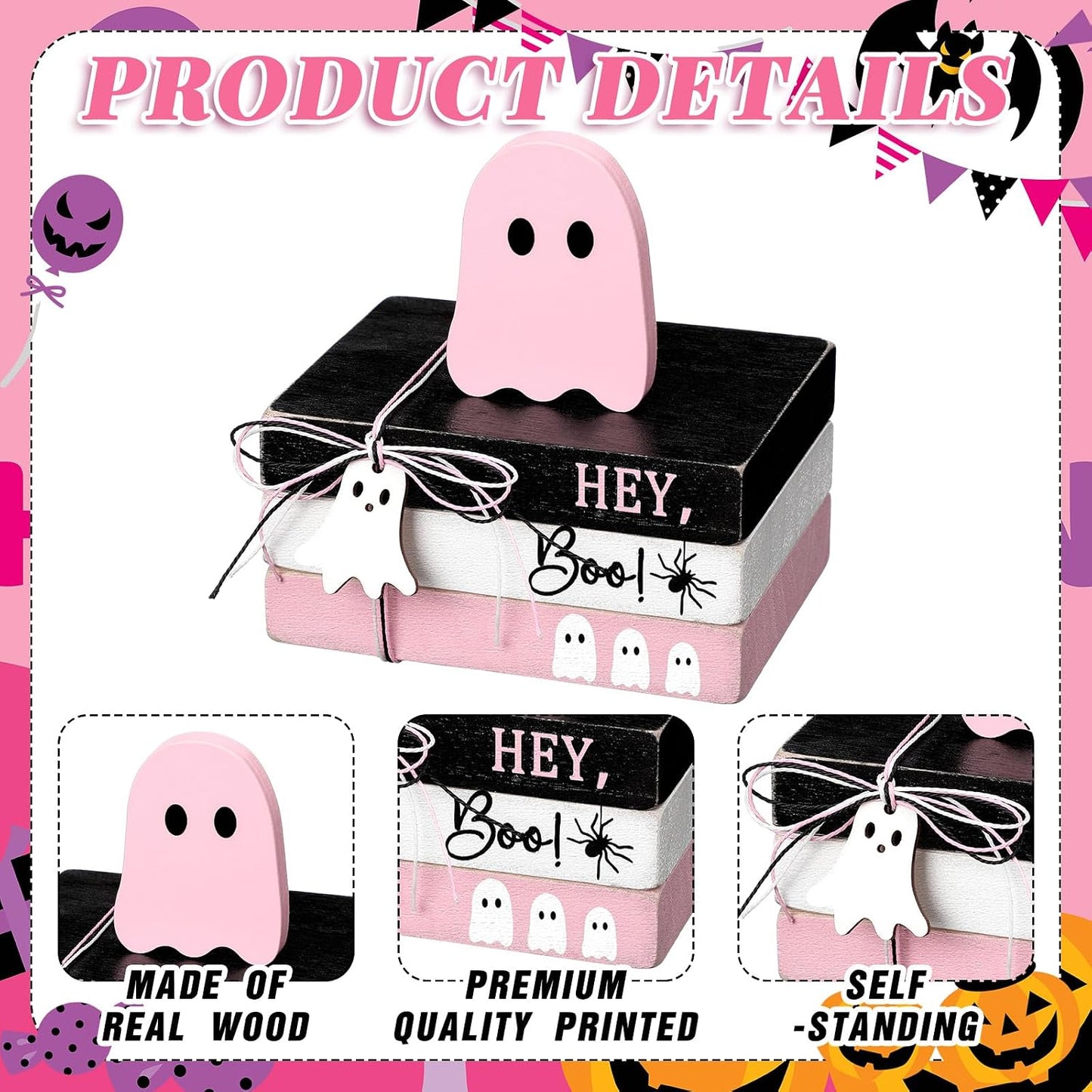4 Pcs Halloween Ghost Table Decorations Spooky Wooden Signs,Pink