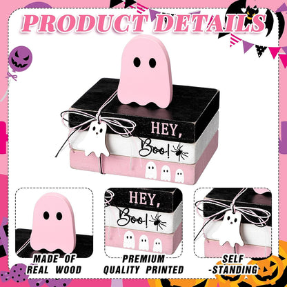 4 Pcs Halloween Ghost Table Decorations Spooky Wooden Signs,Pink