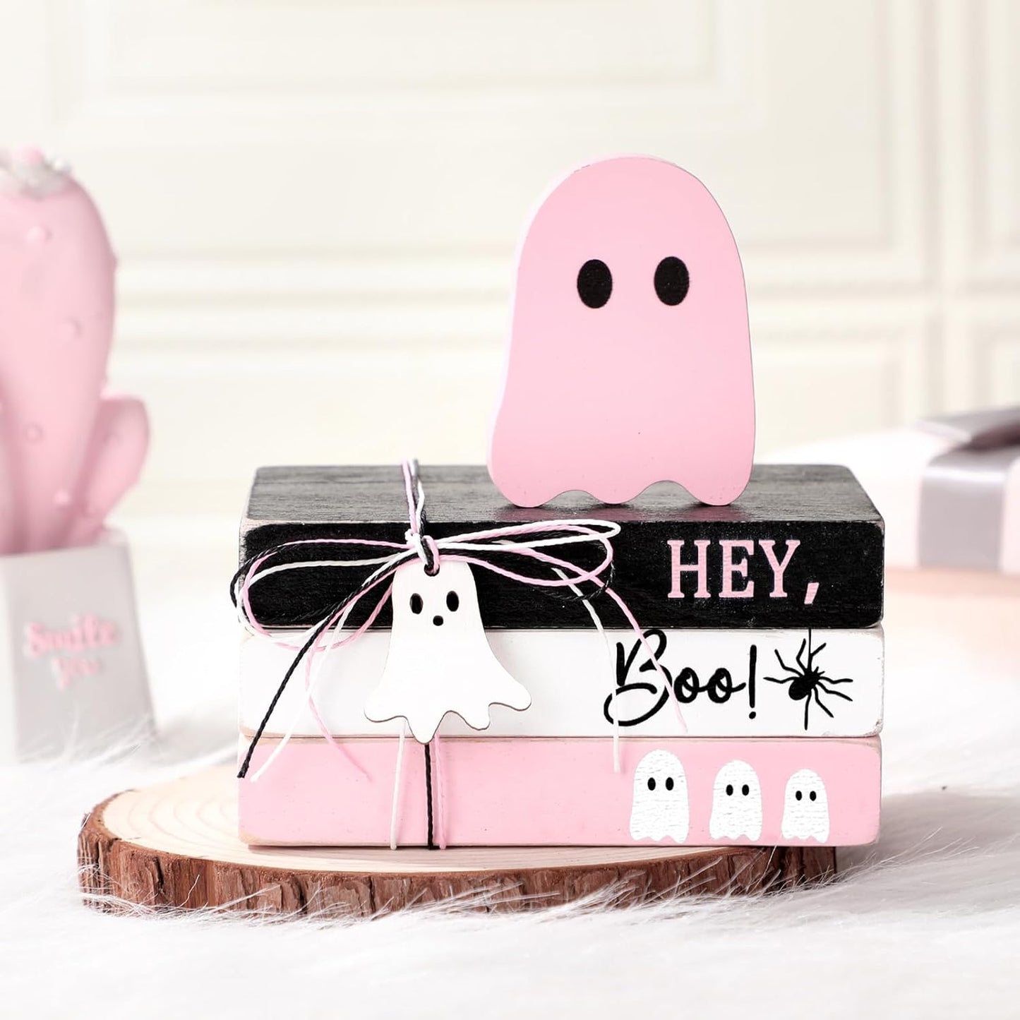 4 Pcs Halloween Ghost Table Decorations Spooky Wooden Signs,Pink