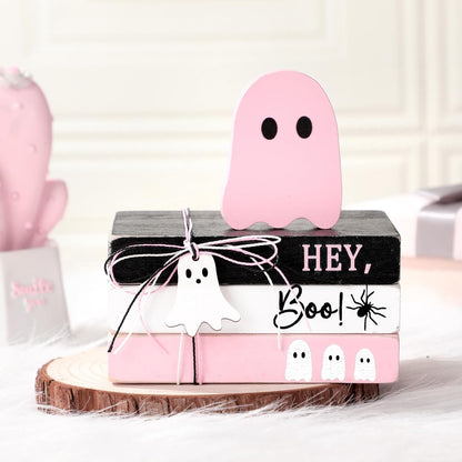 4 Pcs Halloween Ghost Table Decorations Spooky Wooden Signs,Pink