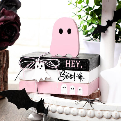 4 Pcs Halloween Ghost Table Decorations Spooky Wooden Signs,Pink
